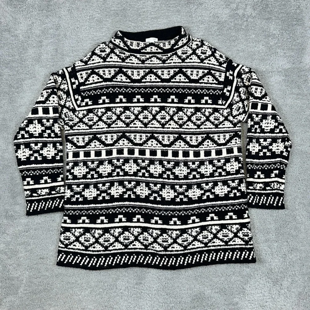 J.JILL Thick Knit Cotton Wool Blend Black & White‎ Pullover Mock Neck Sweater L